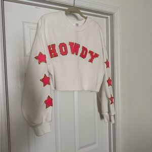 White and Pink Howdy Embellished Crew Neck Sweater